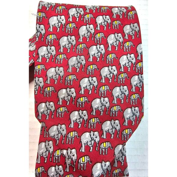 Vtg Cauvery Red Elephant Pattern Tie Pure Silk Mens Neckwear Burgundy India - Picture 4 of 7